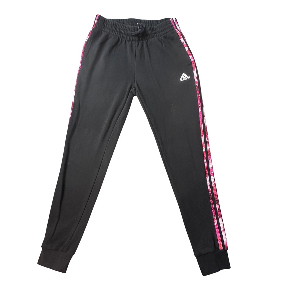 Adidas Joggers Womens Small Black Pink Floral 3-Stripe Fleece Sweatpants H42917